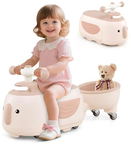 GYMAX Toddler Ride on Car, Kids Sit on Toy with Trailer, Under Seat Storage, Lights & Music, Outdoor Indoor Foot to Floor Sliding Car for 12+ Months Old (Beige + Pink)