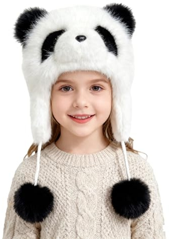 Fuzzy Faux Fur Panda Trapper Hats for Adults Kids, Parent-Child 3D Panda Animal Winter Skull Cap Headwear Thick Warm Windproof Travel Cycling Camping Hunting Ski Earflap Cap Balaclava