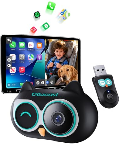 Ottocast Cabin Care 2026, Ottocast Mini Wireless CarPlay Adapter con Fotocamera 1080P, Vista Posteriore 150° Grandangolare, Plug & Play via USB‑A, Compatibile solo con CarPlay originale