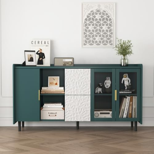 vutizal Köksbuffé med glasdörrar – förvaringsskåp och kaffebar med 2 lådor, skänk för vardagsrum och matsal, 150 × 40 × 80 cm, grön