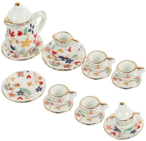 WEKAMOS Mini Set da Tè in Ceramica 15 Pezzi per Casa delle Bambole, Stoviglie Miniatura Decorate, Accessori per Mini Case, Decorazione Realistica per Dollhouse