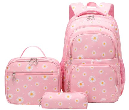 Skolväska För Grundskolan, Blommönster, 1 Set, Daisy Prints Ryggsäck, Bokväska Set, Förvaring Med Flera Fack, För Grundklasser Daglig Pendling