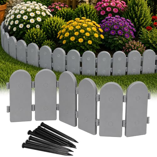 GARDENIX Empalizada de jardín de 2,4 m, Aspecto de Madera, cercado Gris, plástico, Borde Flexible para el césped, para Insertar, 12 Anclajes de Tierra, Borde de arriates de Madera, cercado de jardín