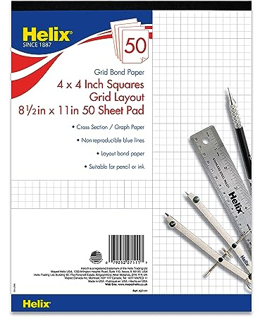 Maped - Helix Bond Pad, 4 x 4 Grid, 8.5 x 11 Inches - Math Homework - Lightweight Bond Paper - Durable and Smooth Finish - Non-Reproducible Ink, Blank Reverse Sides, Versatile Use, Made in USA