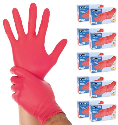 FRANZ MENSCH 1000x Hygostar Einweghandschuhe Safe Light, Einmalhandschuhe Größe M, reißfeste Nitrilhandschuhe, puderfrei, latexfreie Gummihandschuhe, Handschuhe Einweg, Rot in S, M, L, & XL