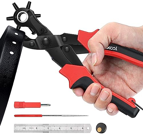 XOOL Leather Hole Punch Plier, Heavy Duty Rotatable Belt Hole Puncher with 6 Different Sizes Used for Belt, Watch Belt, Belt, Shoes, Purses, Clothes, Cardboard, Paper, Hard PVC, etc