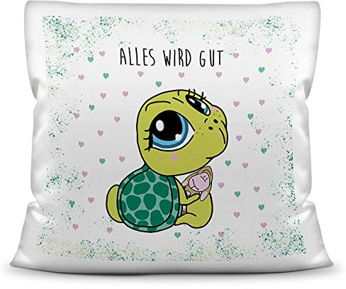 Print Royal Deko-Kissen Tiere mit liebem Spruch - Alles Wird gut - Schildkröte/Ich Liebe Dich/Geschenk für Freund, Freundin / 40x40 / Weiß inkl. Füllung