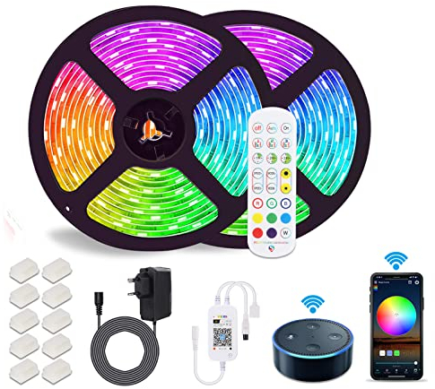 Alexa LED Strip 10m, 5050 RGB LED Stripes, APP Steuerbar Musik LED Lichterkette kompatibel mit Alexa,Google Assistant Farbwechsel LED Streifen LED Leiste mit Fernbedienung and 12V Netzteil