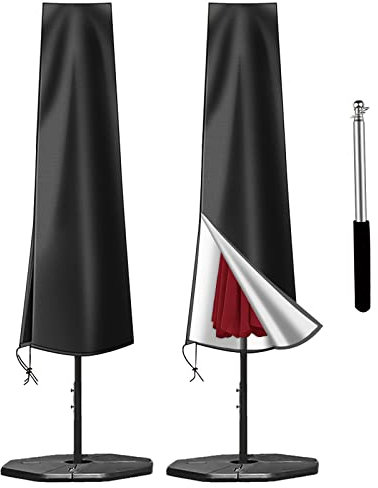 OKPOW Parasol Cover Waterproof for Garden: Heavy Duty 600D Fit 2m to 3m Outdoor Umbrella Protector - UV & Windproof with Long Zip & Telescopic Pole - Easy Use Tear & Fade Resistant