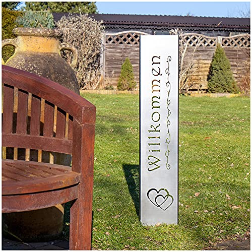 teileplus24 GS01-DH-1 Willkommen Gartenstecker Gartenschild | Rost Garten Deko | 3D Abkantung | 120cm x 21cm, Design:Doppelherz
