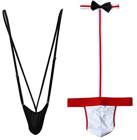VemeFufu String Hombre Sexy Borat Mankini Traje de baño para hombre, talla única, 2 unidades (B.negro + C.rojo), Talla única
