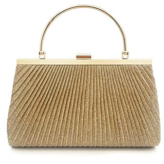 Women's Shiny Elegant Pleated Evening Clutch Bag With Handle And Chain Strap For Wedding Bridal Prom Party Clutch Dinner (Gold)