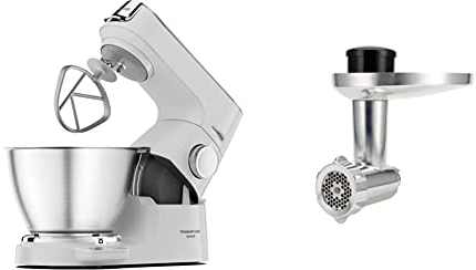 Kenwood Titanium Chef Baker XL, Kitchen Machine with K-Whisk, Stand Mixer with Kneading Hook, Whisk and 5L Bowl, KVC65.001WH, Power 1400W, White & KAX950ME Food Mincer Attachment