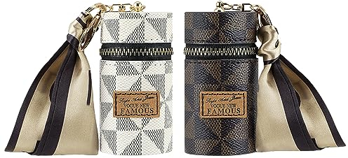 Adorila 2 Pack Lipstick Case, Leather Lip Gloss Bag for Purse, Travel Lipstick Organizer with Keychain for Women (Brown, White)