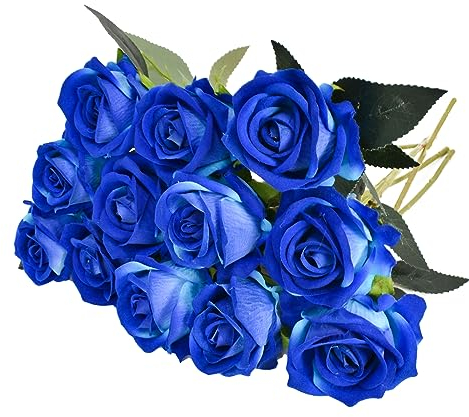 Disnace 12 Stück Künstliche Rosen, 30CM Kunstrosen Single Long Stem Kunstblumen, Realistische Künstliche Blumen Fake Rose Bouquet Seiden für Wedding Dekor Hausgarten Geburtstag Party Hotel (Blau)