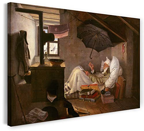 Printed Paintings Leinwandbild (30x20cm) Carl Spitzweg: Der arme Poet, Leinwand auf Keilrahmen gespannt und fertig zum Aufhängen, hochwertiger Kunstdruck aus deutscher Produktion