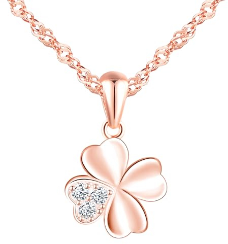 feilok Halskette Damen Kette mit Roségold Kleeblatt Zirkonia Vierblättriges Glücksbringer Anhänger aus 925 Sterling silber Halskette für Frauen