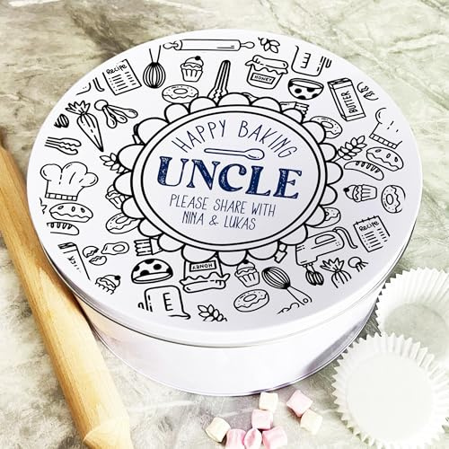 Happy Baking Doodles Uncle Round Personalised Gift Baking Cake Tin Personalised Gift | Custom Gift | Personalized Tin | Cake, Biscuit & Treat Tins | Gift For Her | Gift For Him