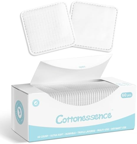 Premium Exfoliating Cotton Pads (60 Count) - 100% Cotton, Extra-Soft and Lint-Free, Durable Squares for Facial, Lip, and Eye Makeup Removal