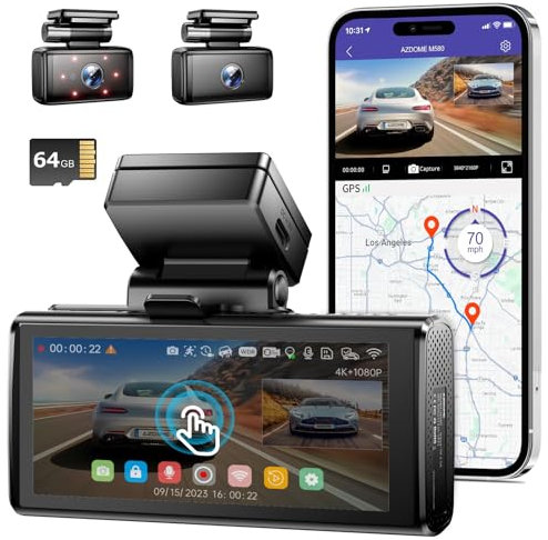 AZDOME M580 5K 5GHz WiFi 3 Channel Dash Cam, 4 Inch Touchscreen Dash Camera for Cars, Free 64GB Card Dash Camera 4K+1080P GPS WDR Night Vision 24H 4 Modes Parking Monitor, Max up Support to 256GB