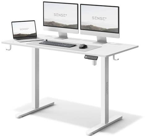 SENSE7 Bureau Gaming électrique 120x60cm Blanc Moteur Silencieux 70kg | Mémoire de hauteur, Poste assis-debout, Plateau large, pour travail et jeux, Ergonomie à domicile, modèle Nojo