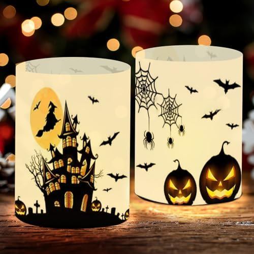 Viusneun 8 Windlicht Tischdeko Halloween Deko Tisch, Kürbis/Fledermaus/Hexe/Spinnennetz/Schloss Innen Outdoor Deko für Party Gartenfeste und Teelichter oder Kerzen (Halloween Deko3)