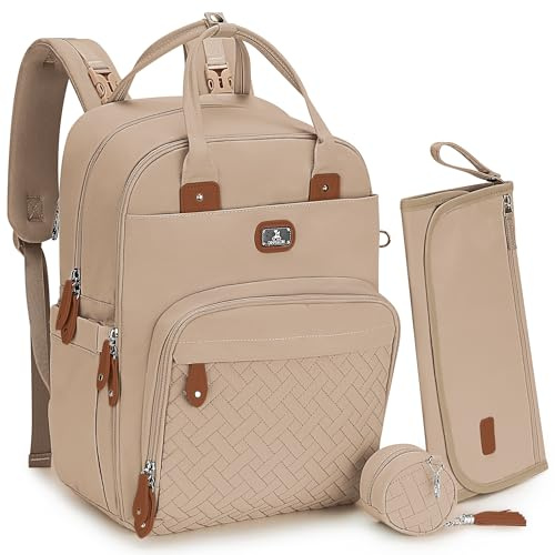 Dikaslon Borsa Zaino Fasciatoio, Zainetto Fasciatoio Grande Multifunzione Borsa Bebè con Fasciatoio Portatile, Porta Ciuccio e Cinturini per Passeggino, per Mamma e Papà Cachi chiaro