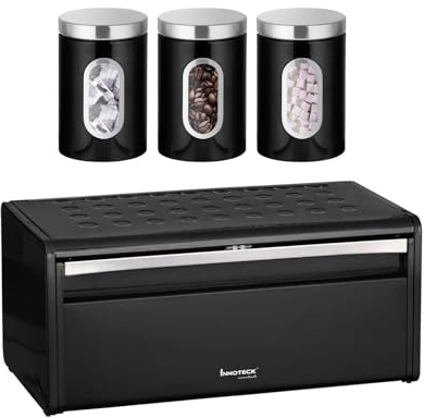 Innoteck Black Breadbin and Window Canister Set - Stylish Metal Storage Solutions with Spacious Storage and Freshness Preservation - Set of 4 Includes Breadbin and 3 Canisters