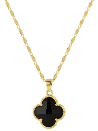 focutex Kleeblatt Kette Gold – Edelstahl & 18K vergoldet, Damen Halskette, Glücksbringer Anhänger, Schmuck für Mädchen & Frauen, Herz Anhänger für Freundin, Glücks Schmuck Valentinstag (Schwarz)