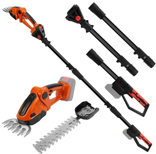 Akku Teleskop Heckenschere, 21V Gras und Strauchschere mit Verstellbarem Stiel, Grasschere mit Stiel Teleskopstab und 2 Austauschbaren Klingen, für Garten & Hecken, Ohne-Akku