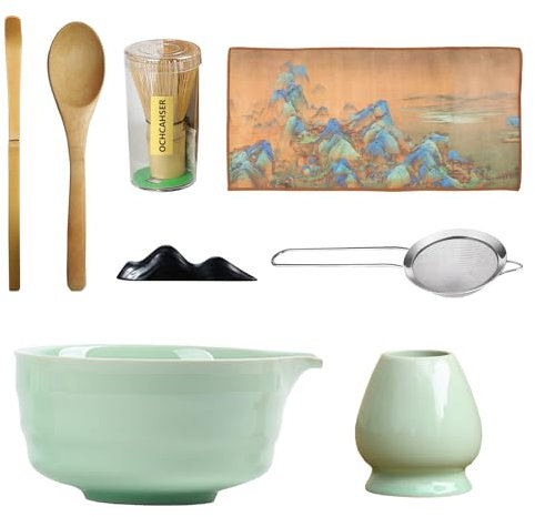 BONJUME Juego De Té Matcha, 8PCS Juego De Agitador De Té Matcha De Cerámica Con Cuenco De Polvo Matcha Escoba Matcha Y Cuchara De Bambú Accesorios Japoneses Para La Ceremonia Matcha