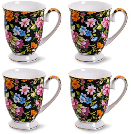 MIATTCLD Porcelain Coffee Mug Set of 4-11oz/312ml Tea Latte Cappuccino Hot Chocolate Cups - New Bone China Mugs - Ideal Christmas Valentines Mothers Day Gift (Black)