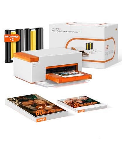 Liene Amber M110 Bluetooth Photo Printer 80 Sheets, Portable Photo Printer for iPhone, Thermal Dye Sublimation, Picture Printer 60 Sheets 4x6 Paper & 20 Sheets 3 Square Sticker Paper & 2 Cartridges