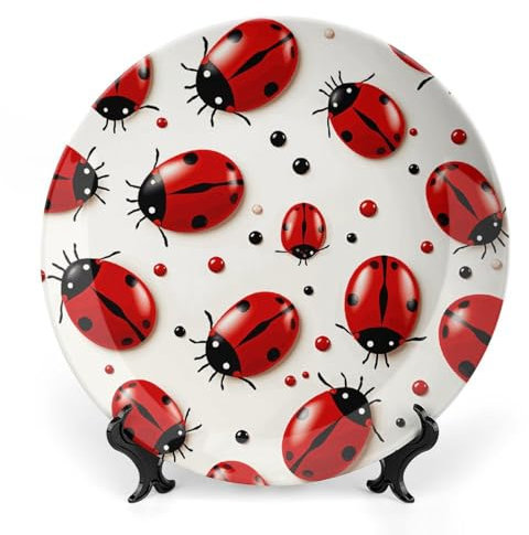 HETVBNS Assiette décorative en porcelaine anglaise avec support de présentation - Décoration murale - 20,3 cm - Motif coccinelle rouge