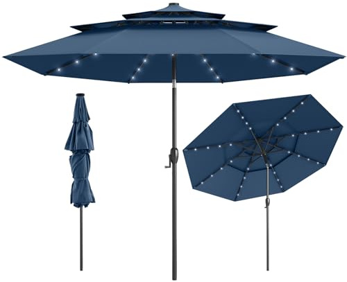 COSTWAY 300 cm parasoll med LED-solbelysning, trädgårdsparaply vindsäkert stabil, terrassskärm med vev, böjbar på båda sidor, balkongparaply, marknadsparaply för trädgård, balkong