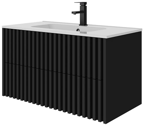 UEV Badmöbel 90 cm, Hängeschrank mit Waschbecken aus Keramik,Schwarz | zwei Schubladen mit großem Stauraum, versteckter Griff, Linienmotiv, 90 x 45 x 50 cm