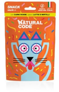 Natural Code Snack Gatto,snack per gatti sterilizzati di tutte le taglie ripieni con CARNI ROSSE, LATTE E MIRTILLI| 3 confezioni da 60 grammi l'una.