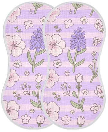 miaozhen Set di 2 panni per ruttino in cotone neutro con motivo floreale viola a righe, facili da pulire, per bambini, unisex, 55,9 x 28 cm
