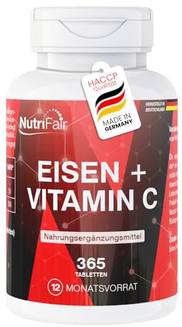 Ferro + Vitamina C - 365 compresse - Ferro bisglicinato con vitamina C naturale da acerola - Dosaggio elevato - 100% vegano - Produzione tedesca e test di laboratorio - NutriFair | Premium & Fair