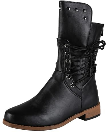 Qynthra Bottes Femme Mi-Mollet Style Combat, Laçage avec Œillets Métalliques, Bout Rond, Talon Bloc, Détails à Clous, Adaptées à l'Automne & Hiver,Noir,38 EU