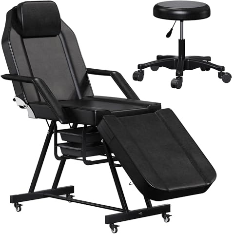 Anunweldo Mobile Massageliege/Tattooliege mit Verstellbarer Rückenlehne, inkl. höhenverstellbarem Drehhocker und Aufbewahrungsboxe