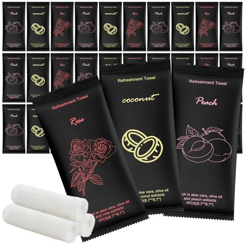 Moist Cotton Towel Bulk Moist Towelettes Individually Wrapped 8.7 x 8.7,White Towel Services,Refreshment Pre Moistened Towels Peach,Rose and Coconut for Sport Party Spa(Pack of 15)