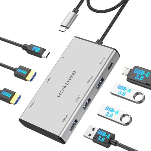 RSHTECH 7-in-1 Dockingstation Laptop 2 Monitores 4k@60Hz, RSH-H2C1 | USB C Docking Station Dual HDMI - 100W PD, USB 3.0 Port (3 Typ-A & 1 Typ-C), 2 HDMI - Kompatibel mit Android, Mac und Linux