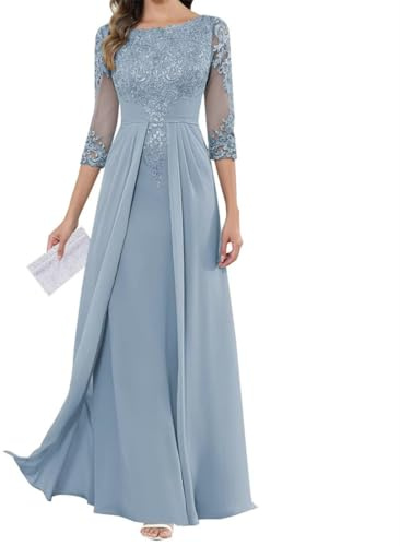 SAYNO Abito da madre della sposa con applique in pizzo per abiti da ballo di nozze abiti da cocktail in chiffon plus sizeSize, Blu polvere., 44
