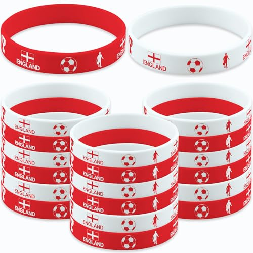 Jidkhfk 20PCS World Cup Football 2026 England Bracelet Silicone Wristbands England Flag George Cross Flag World Cup Sports Event Souvenir Rubber Bracelets Football Party Decorations Red and White