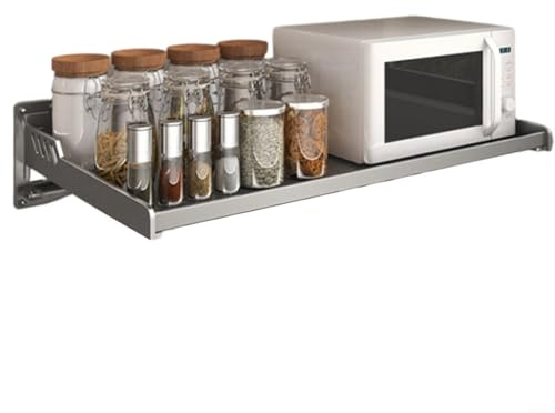 Zeroupshop Étagère murale pour four à micro-ondes pour rangement de cuisine, support en acier au carbone robuste pour cuiseur à riz et cafetière, organisateur peu encombrant avec crochets, gris, 35 x