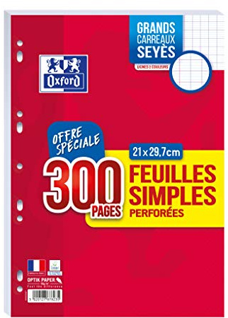 OXFORD Set di 300 pagine con fogli singoli perforati in formato A4 (21 x 29,7 cm), grandi quadretti, Seyès