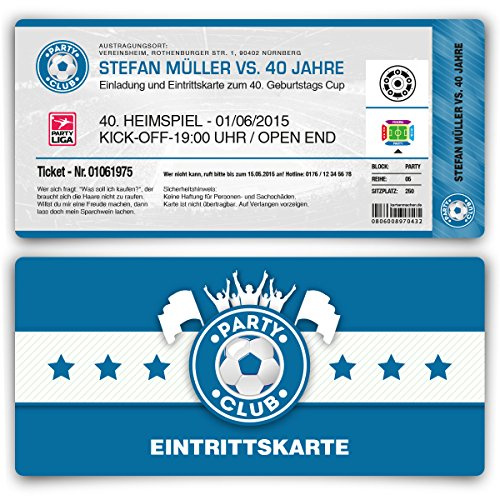 Kartenmachen.de Personalisierte blaue Fussballticket-Einladungskarten zum Geburtstag ab 10 bis 100 Stück selbst gestalten mit echtem Abriss
