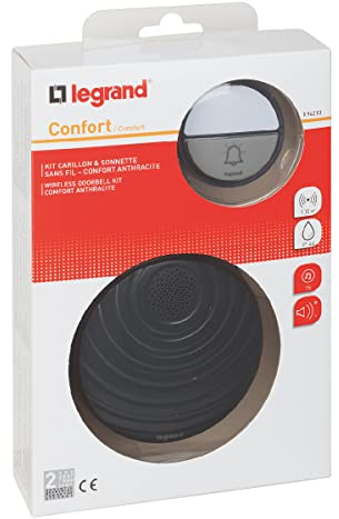 ‎Legrand, Funkklingel-Set Komfort mit wasserdichtem Klingeltaster (IP44) batteriebetrieben, 1x Gong mit 15 Melodien, 1x Klingeltaster, 100m Reichweite, 094253