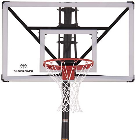 Silverback Height Adjustable In-Ground Basketball Hoop with Tempered Glass Backboard, Pro-Style Breakaway Rim, Pole and Backboard Pad